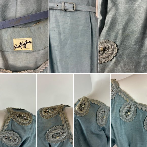 Vintage 1950s Dress Set Women's Small Faux Silk Blue Cocktail Outfit - Picture 10 of 15